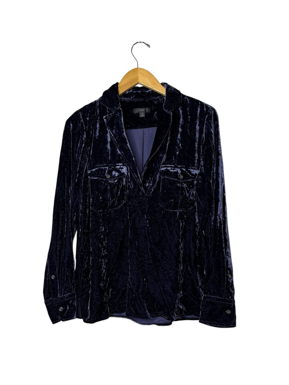 J. Crew Deep Blue Crushed Velvet Pocket Pop Over Dark Witchy Business Casual